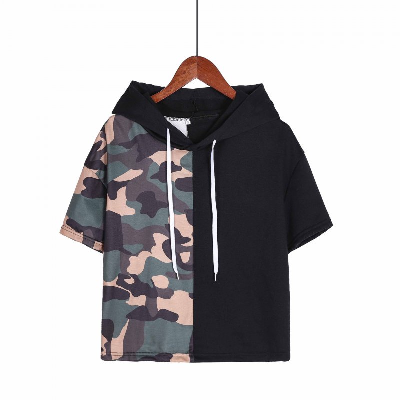 New hot sale camouflage stitching hooded short sleeve T-shirt